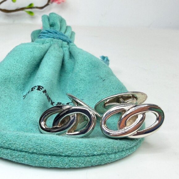 Vintage Tiffany 925 Script Logo Interlocking Plaque Cufflinks